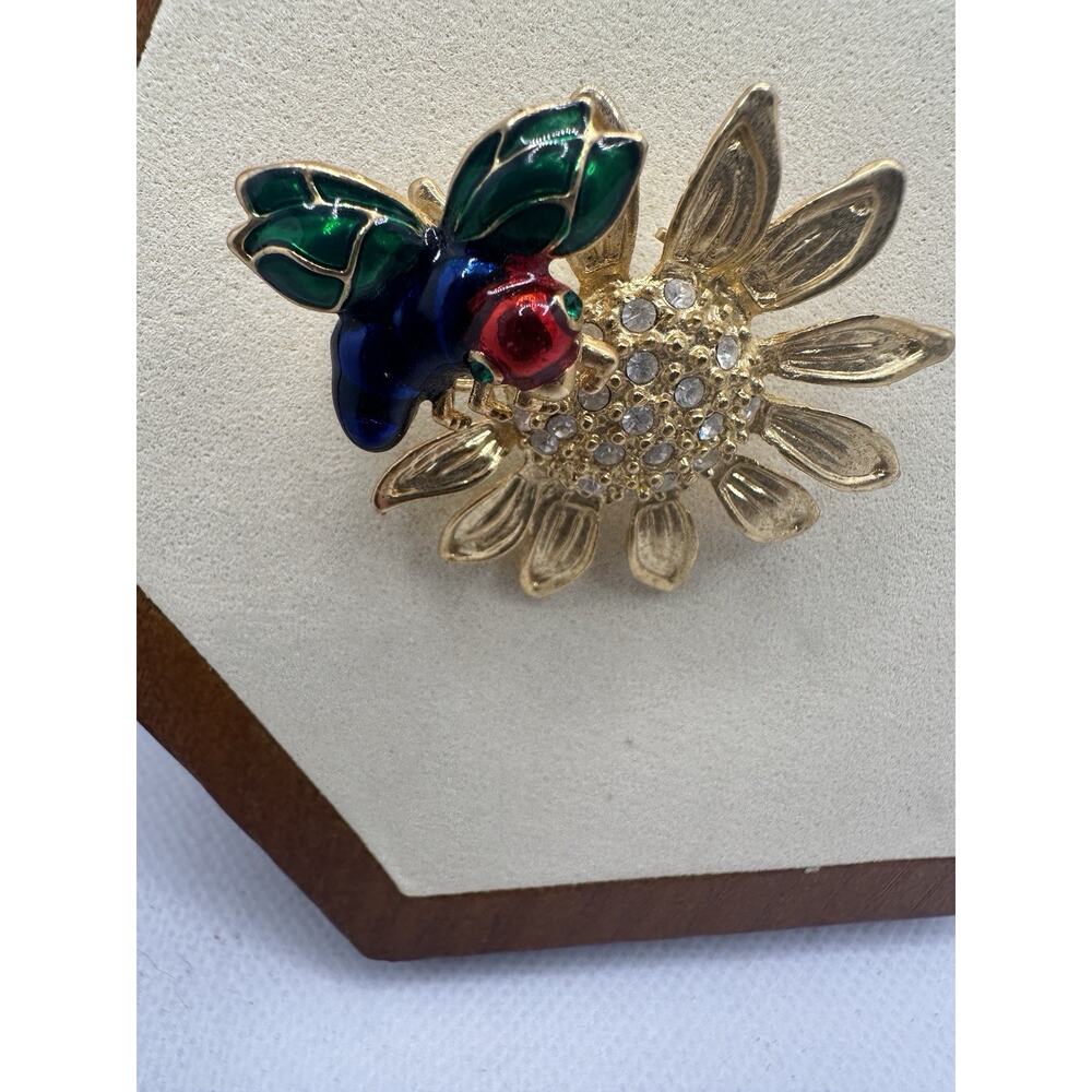 Vintage Brooch Pin: Gold Tone Sunflower And Enamel Red Blue Green Bee On Spring